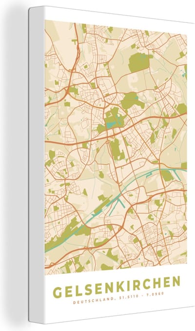 Canvas Schilderij Plattegrond - Gelsenkirchen - Kaart - Vintage - Stadskaart - 20x30 cm - Wanddecoratie