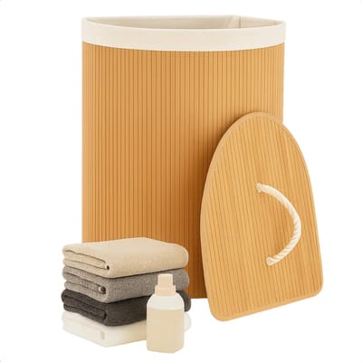 Lomera Bamboe Wasmand - Hoekmodel Wasmand - 72 Liter Capaciteit - Opvouwbare Wasmand - Naturel Kleur - Met Deksel - Waszak Inbegrepen - Verstevigde Metalen Ring - Uitneembare Zak - Wasbare Binnenzak - Driehoekig Ontwerp