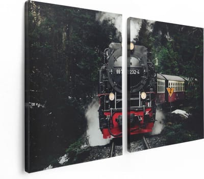 Artaza Canvas Schilderij Tweeluik Locomotief in de Bossen met Stoom Wolken  - 120x80 - Foto Op Canvas - Canvas Print