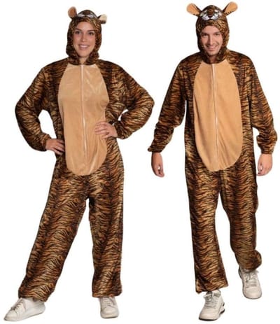 Partychimp Onesie Tijger Kostuum Volwassenen Tijger Pak Mascotte Verkleedpak Tijger Halloween Kostuum Volwassenen Carnavalskleding Heren Carnavalskleding Dames Verkleedkleren Volwassenen Carnaval Dieren Kostuum - Polyester - Unisex - Bruin - Maat XL