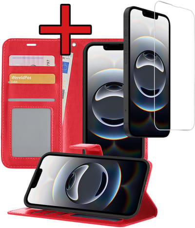 Hoesje - Met Screenprotector - Geschikt voor Apple iPhone 16e / 17e - Luxe Pasjeshouder - Flipcase - Bookcase Portemonee - Flip Case - Kunstleer Book Case - Book Cover - Walletcase - Portemonneehoes - Telefoonhoes - Rood