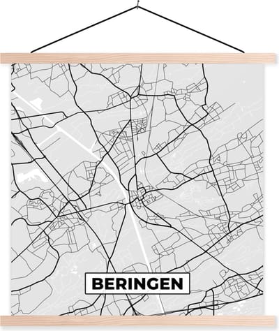 Posterhanger incl. Poster 40x40 cm - Schoolplaat - Zwart Wit – België – Plattegrond – Stadskaart – Kaart – Beringen - Textielposter - Blanke latten - Stadskaart