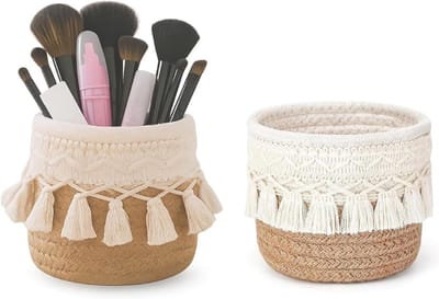 Set van 2 gevlochten penseelhouders voor make-up, boho opbergmanden en cosmetica-organizer voor make-uptafel en kwasten