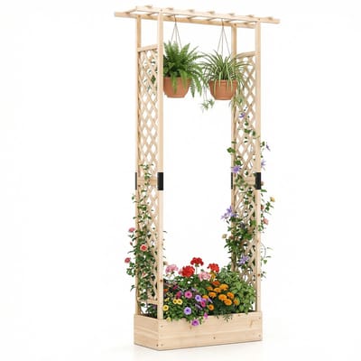 COSTWAY Bloembak met klimrek, plantenbak met klimhulp en hangend dak, verhoogd bed voor klimplanten en hangmanden, privacyscherm, voor tuin, terras (110x35x227 cm, naturel)