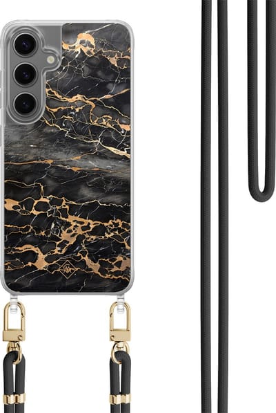 Casimoda® hoesje met koord - Geschikt voor Samsung S24 - Marmer Grijs Brons - Afneembaar koord - TPU/polycarbonaat - Zwart