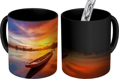 Magische Mok - Foto op Warmte Mokken - Koffiemok - Boot - Water - Zonsondergang - Oranje - Water - Magic Mok - Beker - 350 ML - Theemok