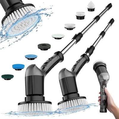 MUPOO Elektrische Schoonmaakborstel - Draadloze Schrobborstel met 8 Borstelkoppen -schrobber met steel - Verlengbare Steel 28-120 cm & 3 Snelheden -Type-C Oplaadbaar - voor Badkamer, Tegels, Douche, Bad en Keuken - Grijs
