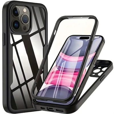 Zwart transparant telefoon hoesje geschikt voor iPhone 16 Pro – schokbestendige case met voor en achterkant bescherming – full body cover – harde rand en doorzichtig design – dames en heren