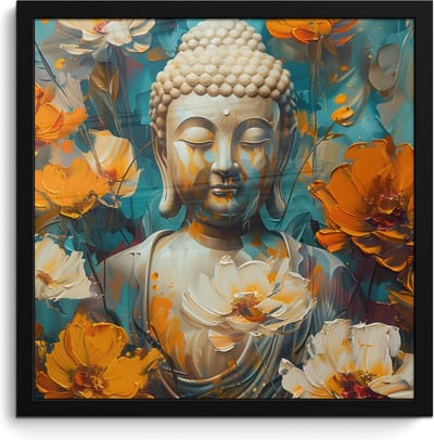 Poster in lijst - Fotolijst 40x40 cm - Posters - Buddha - Bloemen - Kleurrijk - Modern - Posterlijst zwart - Decoratie - Wanddecoratie woonkamer - Muurdecoratie slaapkamer