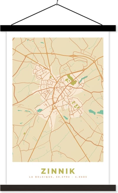 Posterhanger incl. Poster 40x60 cm - Schoolplaat - Kaart - Stadskaart - België - Zinnik - Plattegrond - Textielposter - Zwarte latten - Stadskaart