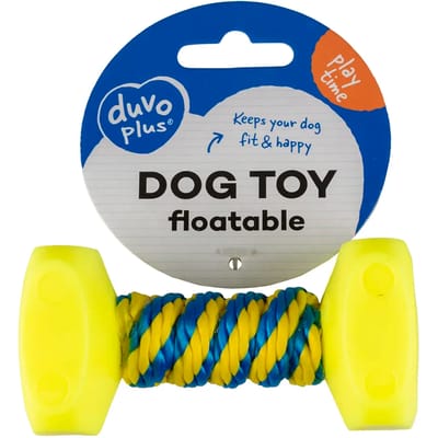 Duvoplus - Speelgoed Voor Dieren - Hond - Dogtoy Dumbell Met Touw 10x5cm Blauw/geel - 1st voor "" kleine hondjes ""