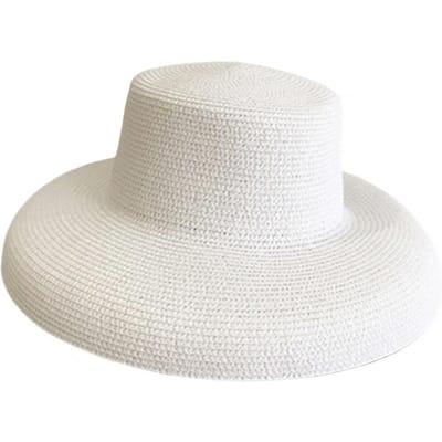 Dames Zomer Zonnehoed Platte Top Grote Rand Zonne Effen Kleur Lichtgewicht Stro Hoed Strand Vakantie Hoed One Size white