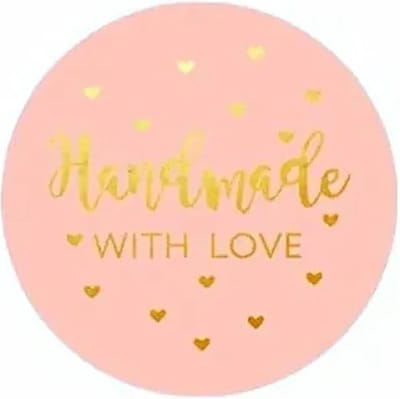 Stickers 'Multiplaza' rond "HANDMADE WITH LOVE"Roze-Goud 50 stuks  bedrijf - promoten - opvallen - klanten - verkoop