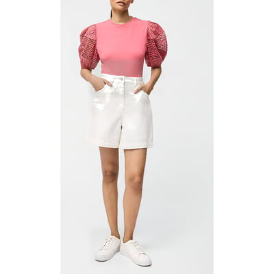 French Connection Crochet Lace Puff Sleeve Top Rose Kiss Size: XS | Blouses Outlet | Dames | Roze