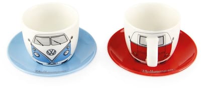 BRISA VW Collection - Volkswagen Set van 2 keramische espressokopjes en -mokken met schotels T1 Bulli Bus- motief (100ml/front/2 kleuren)