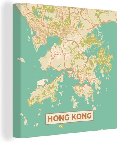 Canvas Schilderij Kaart - Hong Kong - Stadskaart - Vintage - Plattegrond - 20x20 cm - Wanddecoratie