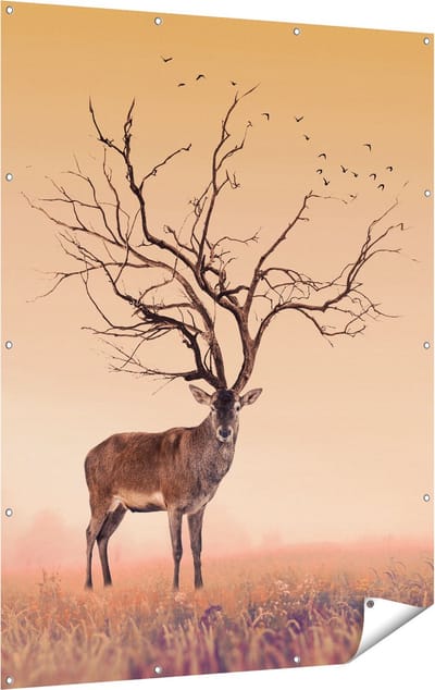 Gards Tuinposter Hert met een Bomen Gewei - 120x160 cm - Tuindoek - Tuindecoratie - Wanddecoratie buiten - Tuinschilderij