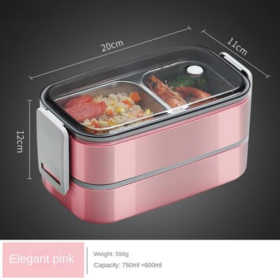304 Roestvrijstalen Lunchbox voor Volwassenen Kinderen School Kantoor 2 Lagen Magnetronbestendig Draagbaar Vakken Bento Voedselbewaarcontainers 2 roze
