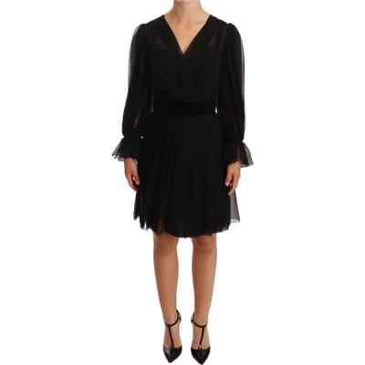 Dolce & Gabbana Dames Zwarte Mesh Plissé Mini Zijden Stretch Jurk