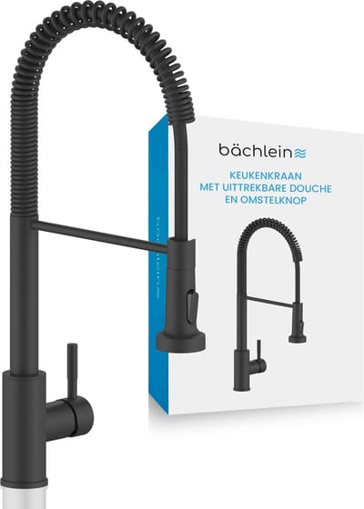 Bächlein Keukenkraan Nedo 360 graden draaibaar (mat zwart) - Eenhendel spoelbakmengkraan van roestvrij staal met flexibele hals en sproeier met omschakelknop, kraan voor de keuken