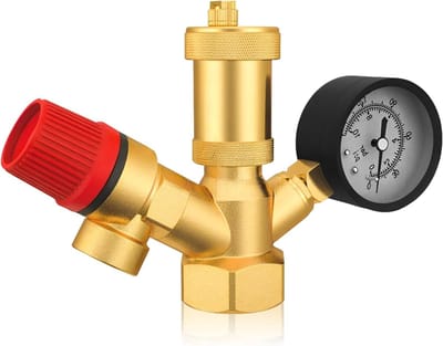 Verwarmingsveiligheidsgroep DN25 (1") met drukmeter en ontlastklep, messing, 3 bar, snel luchtventiel, ideaal voor centrale verwarming en boilers