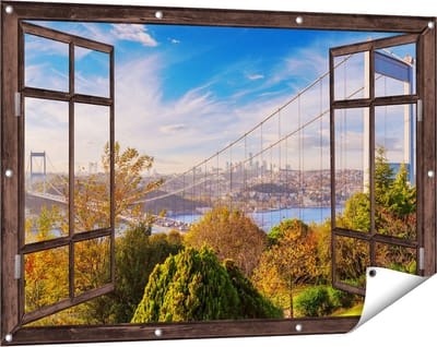 Gards Tuinposter Doorkijk Bosphorus Brug in Instanbul - 120x80 cm - Tuindoek - Tuindecoratie - Wanddecoratie buiten - Tuinschilderij