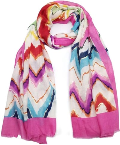 Lange dames sjaal Aline fantasiemotief roze wit blauw paars oranje zwart rood geel groen goud