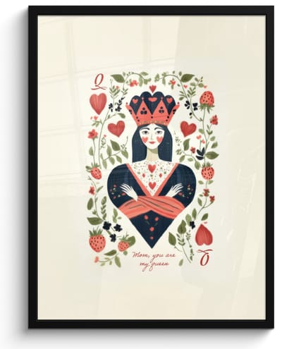 Poster in lijst - Fotolijst 50x70 cm - Posters - Speelkaart - Hartenkoningin - Bloemen - Hartjes - Posterlijst zwart - Decoratie - Wanddecoratie woonkamer - Muurdecoratie slaapkamer
