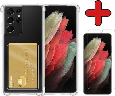 Hoesje - Geschikt voor Samsung Galaxy S21 Ultra - Met Screenprotector - Pashouder - Kaarthouder - Back Cover - Telefoon Hoes Shockproof - Siliconen Case - Shock Proof - Pasjes Houder - Telefoonhoes - Transparant