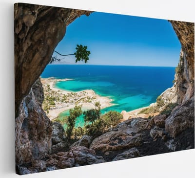 Saammp Canvas Schilderij - Kust vanuit een grot - Landschap - Natuur - 30x20 - Foto op canvas - Wanddecoratie - Muurdecoratie Woonkamer - Slaapkamer decoratie - Canvas Print