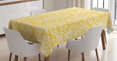 ABAKUHAUS Bloemen tafelkleed – Ikat-damast – Satijnmix 140x170 cm – Mosterd
