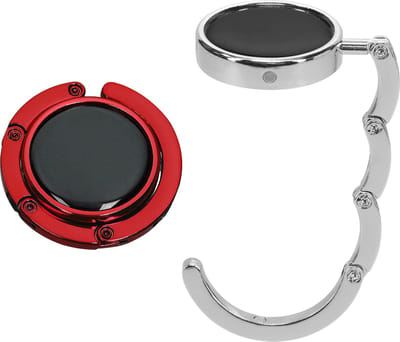 kwmobile tashanger voor tafels - 2 stuks - Uitvouwbare tassenhanger - Draagbare Tassenhaak - Hang je tas veilig op in restaurant en bar - In zilver / rood