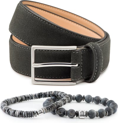 DTCH.FIT Kralen armband Joe Grey one size & Suède riem Bobby Grijs - 3,5cm breed - 85cm - Totale lengte 100cm