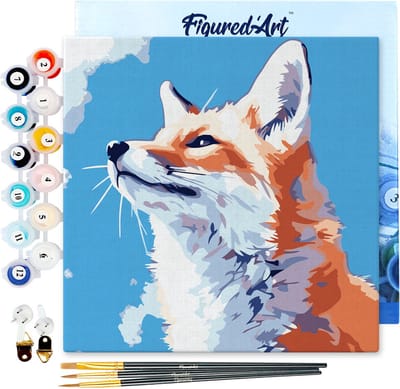 Figured'Art Mini Schilderen op Nummer Volwassenen 20x20cm met lijst Vos met blauwe lucht - Klein Formaat Creatieve Hobby Kit DIY Art Nummer Compleet