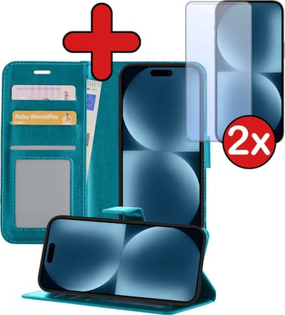 Hoesje - Met 2x Screenprotector - Geschikt voor Apple iPhone 15 - Luxe Pasjeshouder - Flip Case - Bookcase Portemonee - Kunstleer Book Case - Flipcase Hoes - Book Cover - Walletcase - Portemonneehoes - Telefoonhoes - Turquoise