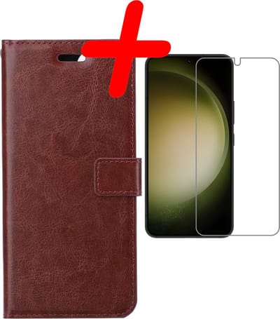 Hoesje Met Screenprotector - Geschikt voor Samsung Galaxy S23 - Luxe Pasjeshouder - Bookcase Portemonee - Flip Case - Kunstleer Book Case - Flipcase - Book Cover - Walletcase - Portemonneehoes - Bruin