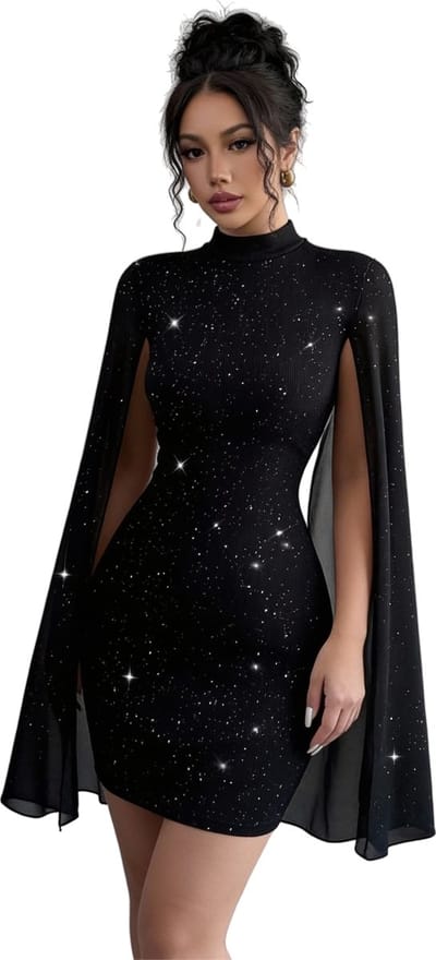 Zwarte Glitter Jurk - Cape Mouwen - Kort - Feest