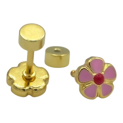 Kinderoorbellen Roze Bloem & Schroefsluiting - Verguld Staal - 5mm