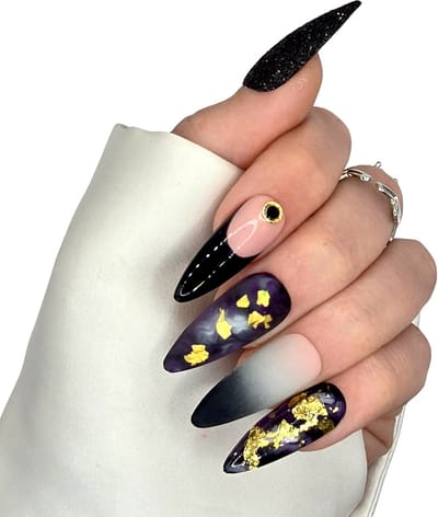 SD Press on Nails Premiums - No. 117 Bewitched - XL Stiletto - Paars-Zwart - Plaknagels - Gelnagels - Handgemaakte Nagels - 20 stuks - Cosplay - Accessoires - (gel)Nagellak - Halloween - Nagelstudio - Nail Art - Nagels met lijm - XL Nageltips