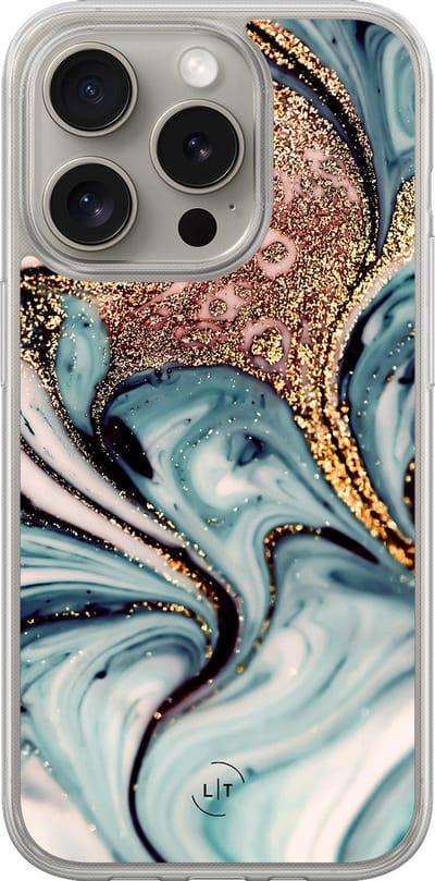 Hoesje geschikt voor iPhone 15 Pro Max - Marmer blauw goud - 2in1 backcover - Marmer - Blauw - Leuke Telefoonhoesjes