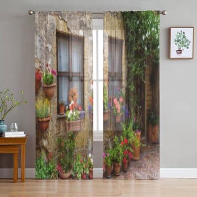 Een Oud Italiaans Dorp Vol Bloemen Tule Transparante Gordijnen voor Woonkamer Keuken Decoratie Voile Organza Gordijnen 135W x 114H(cm) black
