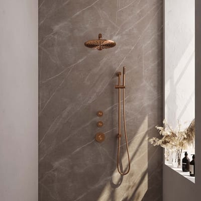 Brauer Copper Edition thermostatische inbouw regendouche SET 14 met 30 cm douchekop en rechte muurarm en staaf handdouche en doucheslang en geïntegreerde glijstang koper geborsteld PVD