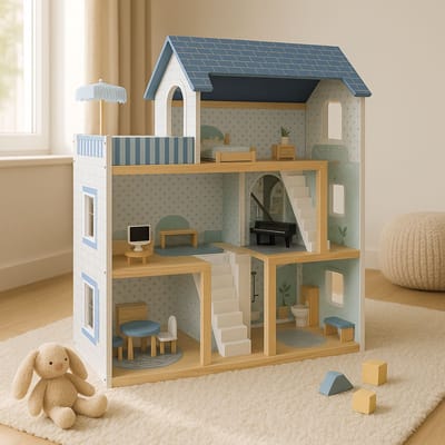 Houten Poppenhuis met Meubels - Dollhouse van Hout - Kinderspeelgoed voor Jongens en Meisjes - 79 Onderdelen en Accessoires - 70 cm - Beige