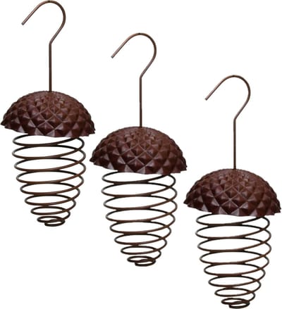 3x stuks ijzeren voederveren voor vetbollen/mezenbollen eikelvorm 23 cm - Vogel voederhangers/vetbolhangers