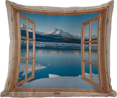 Sierkussen Buiten - Doorkijk - Landschap - Winter - Meer - Bergen - Uitzicht - 60x60 cm - Weerbestendig