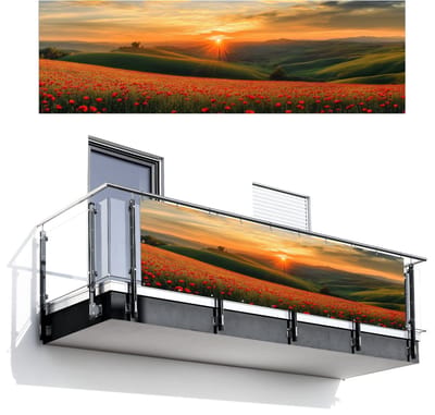 Balkonscherm 300x95 cm - Balkonposter Klaprozen - Bloemen - Heuvels - Zonsondergang - Balkon scherm decoratie - Balkonschermen - Balkondoek zonnescherm