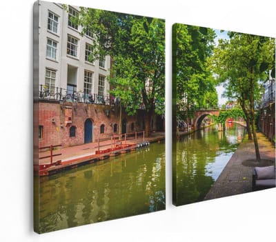 Artaza Canvas Schilderij Tweeluik Oudegracht In Utrecht - 120x80 - Foto Op Canvas - Canvas Print