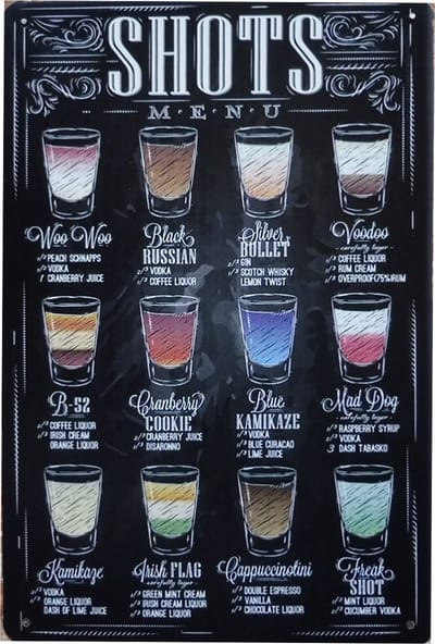 Wanddecoratie - Wandbord – Shots - Metalen wandbord - Mancave - Mannen cadeautjes - Mancave decoratie - Bar - Retro - Bar decoratie - 20 x 30 cm -