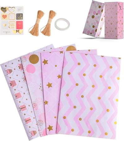 Set van 4 Vellen Hoogglans Cadeaupapier - Zacht Roze 50x70 cm, Verpakkingspapier voor Verjaardagen, Bruiloften en Feestdagen met Touw, Stickers en Plakband