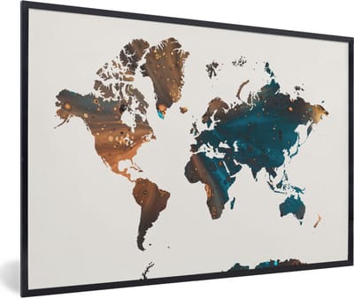 Poster in lijst - Fotolijst 90x60 cm - Posters - Wereldkaart - Blauw - Verf - Posterlijst zwart - Decoratie - Wanddecoratie woonkamer - Muurdecoratie slaapkamer